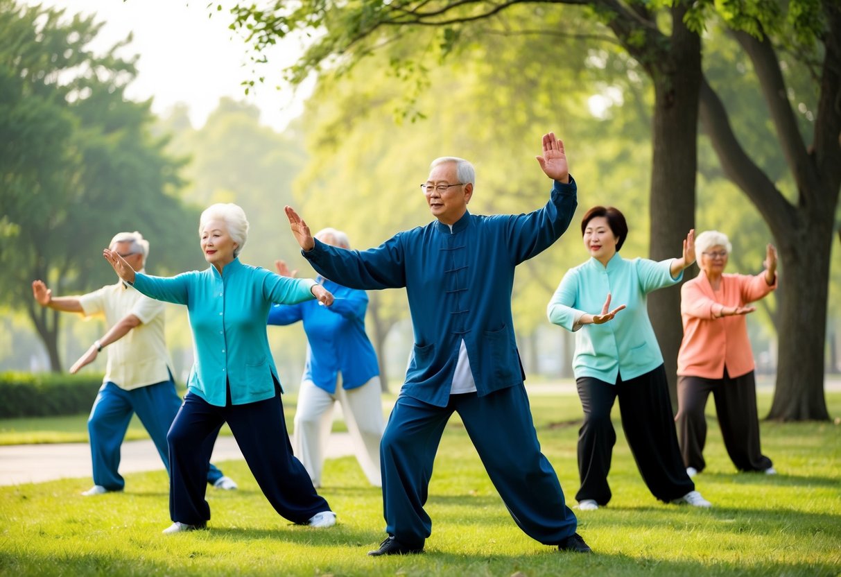 A group of seniors practicing Tai Chi in a peaceful park setting, surrounded by trees and gentle sunlight, demonstrating fluid and graceful movements