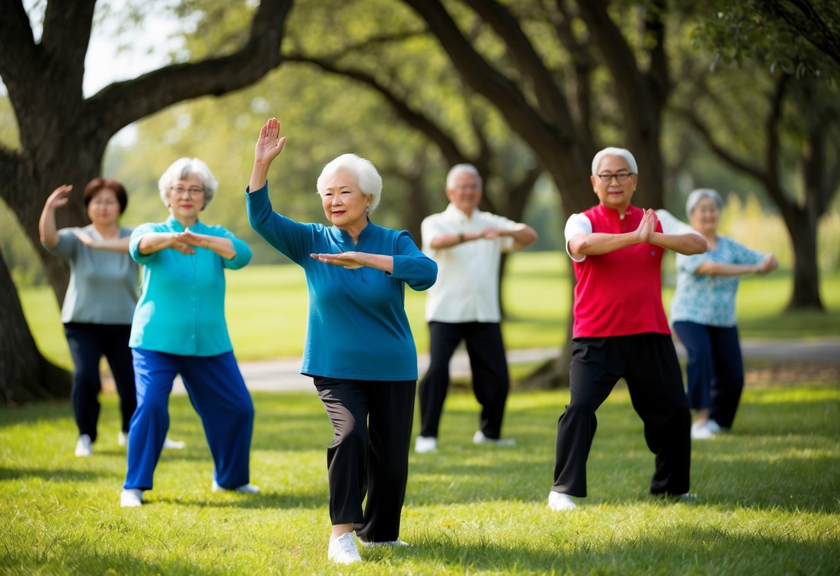 A serene outdoor setting with a group of seniors practicing Tai Chi, surrounded by trees and a gentle breeze