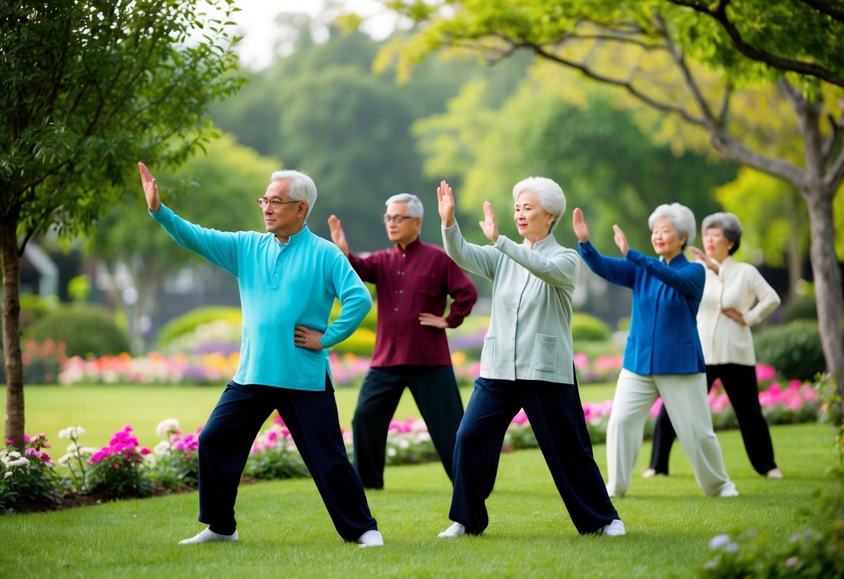 A group of seniors practicing Tai Chi in a peaceful garden setting, surrounded by trees and flowers, with a gentle breeze blowing