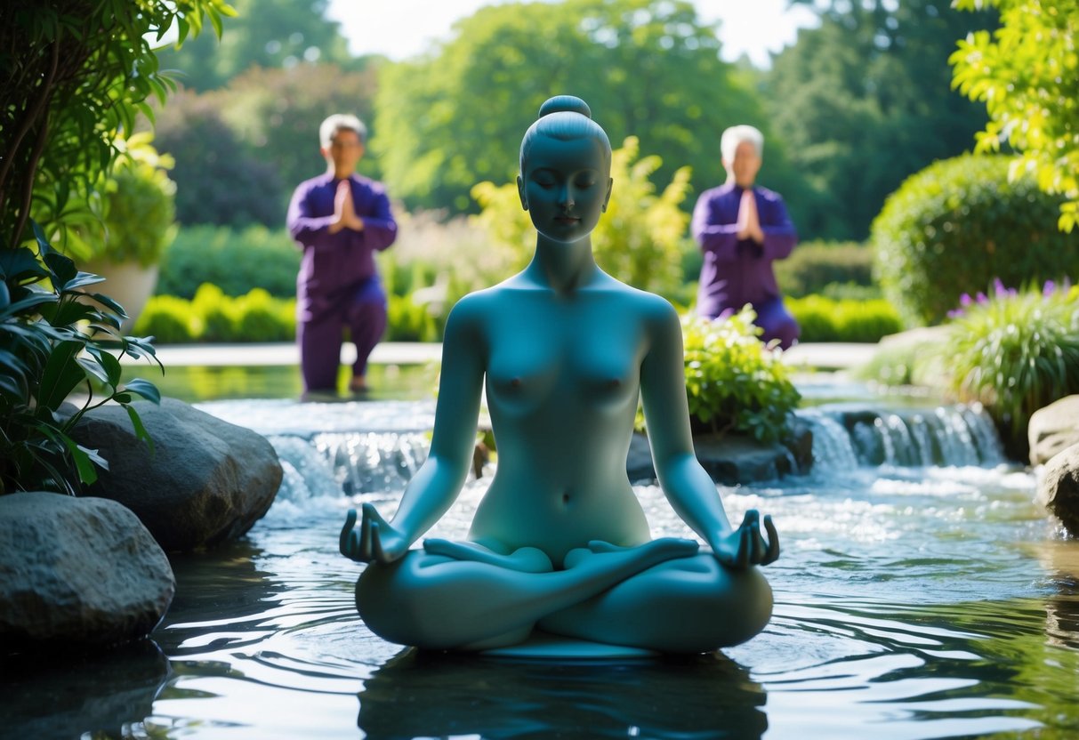 A serene figure meditates in a tranquil garden, surrounded by flowing water and lush greenery, while practicing Tai Chi forms in the background