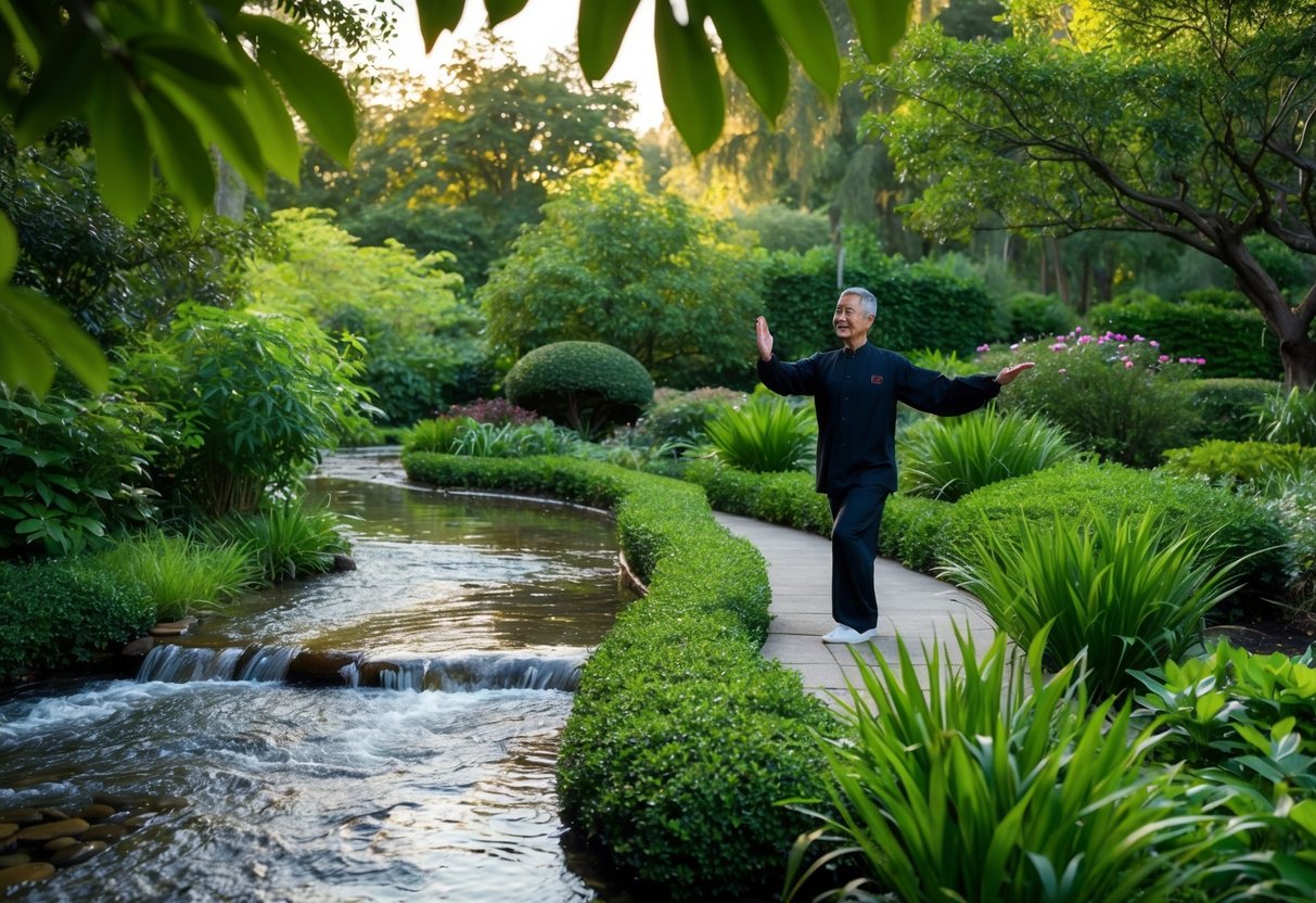 A serene garden with a flowing stream surrounded by lush greenery, with a figure in the distance practicing Tai Chi with focused concentration