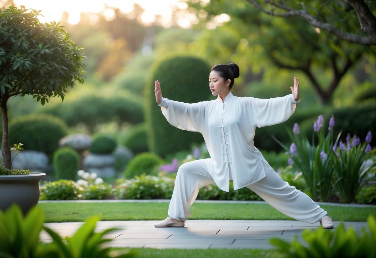 A serene garden with a figure in flowing robes, moving gracefully through Tai Chi poses, surrounded by tranquil nature