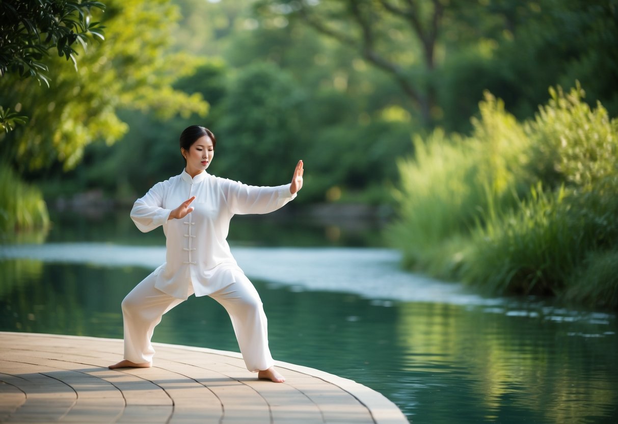 A serene outdoor setting with a figure practicing Tai Chi, surrounded by lush greenery and calm, flowing water