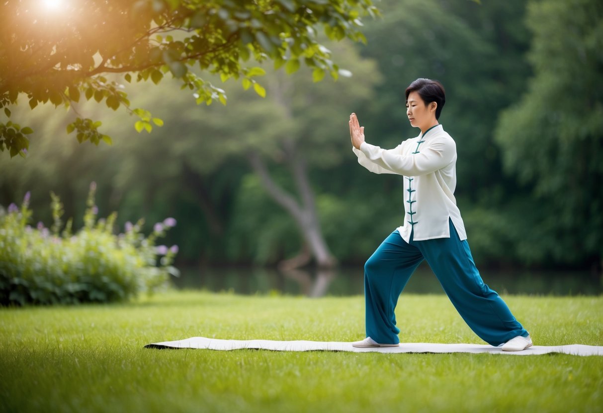 A serene outdoor setting with a figure practicing Tai Chi, surrounded by nature and a sense of tranquility