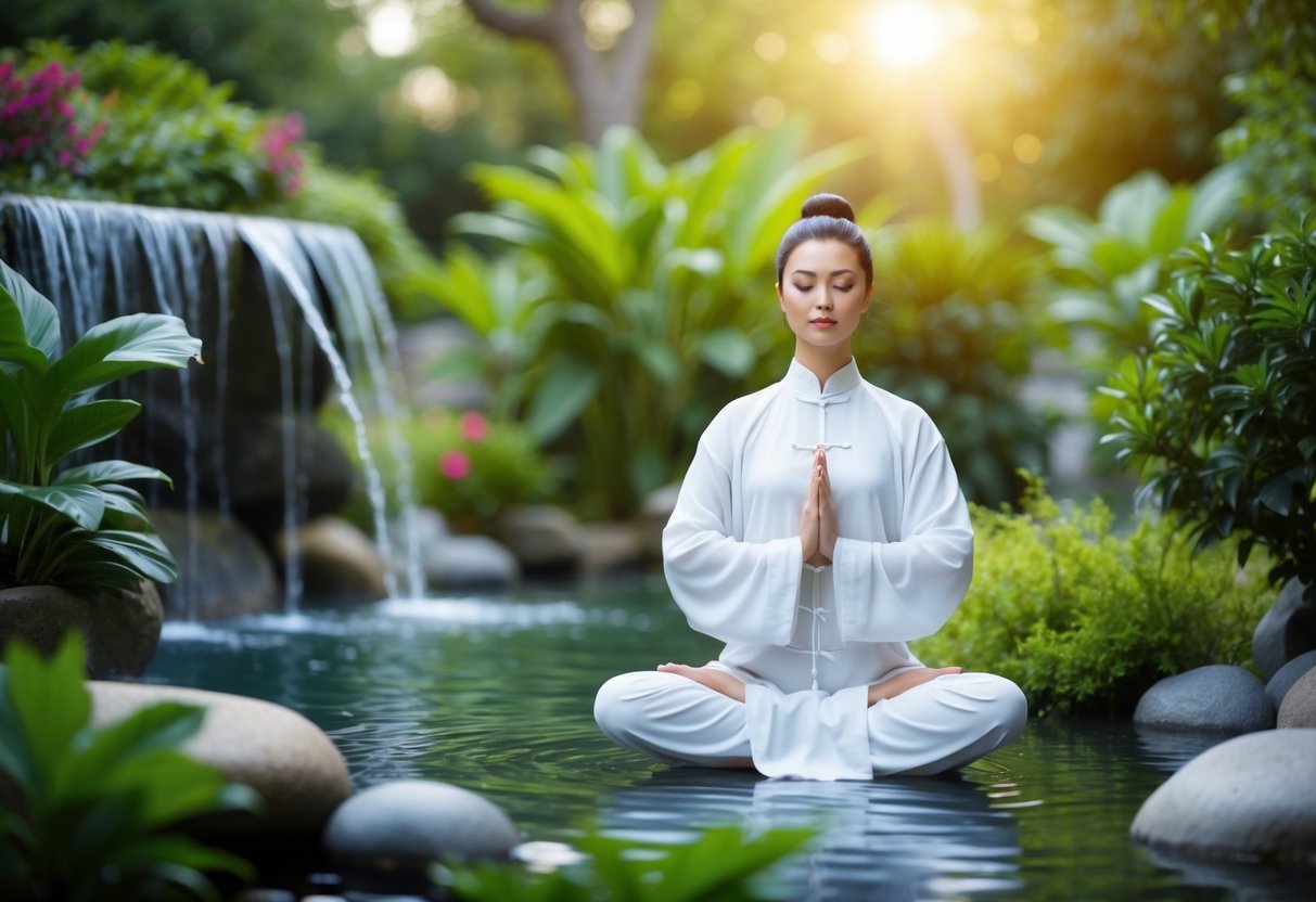 A serene figure meditates in a tranquil garden, surrounded by flowing water and lush greenery, while practicing Tai Chi