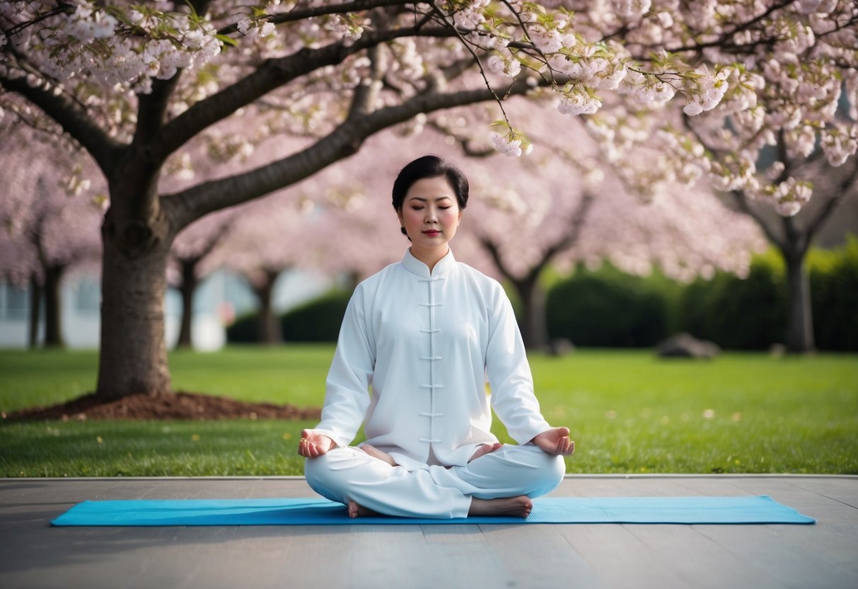 A serene figure meditates under a blossoming cherry tree amidst a peaceful Tai Chi practice space