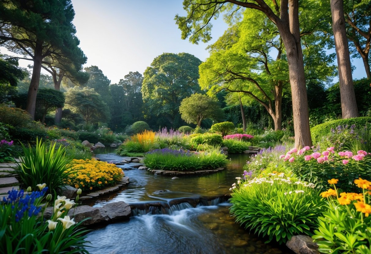 A serene garden with a flowing stream, surrounded by tall trees and colorful flowers, with a gentle breeze creating a peaceful atmosphere for Tai Chi practice