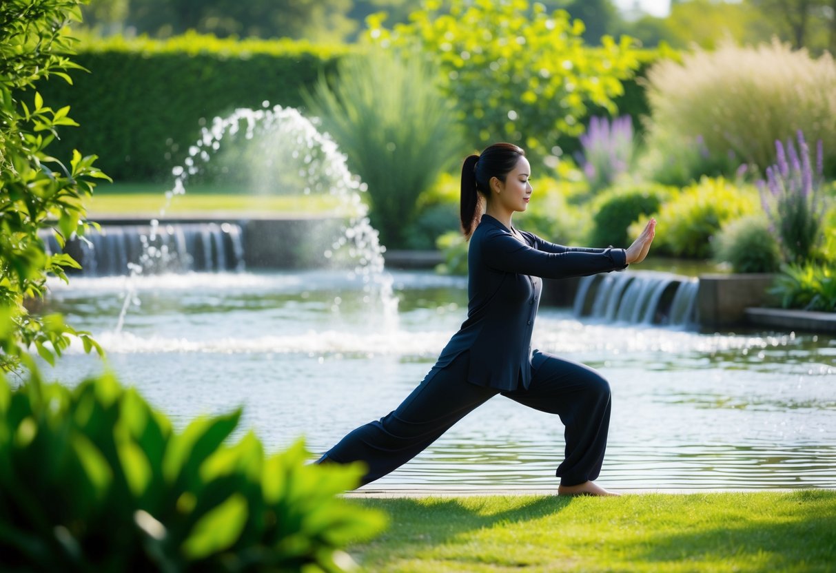 A serene garden with flowing water, greenery, and a gentle breeze, where a figure moves gracefully, integrating Tai Chi movements with deep, calming breaths