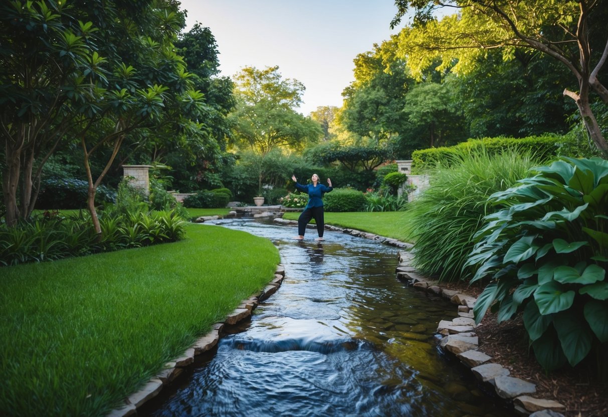 A serene garden with a flowing stream, surrounded by lush greenery. A figure practicing Tai Chi in the distance, with a focus on deep, rhythmic breathing