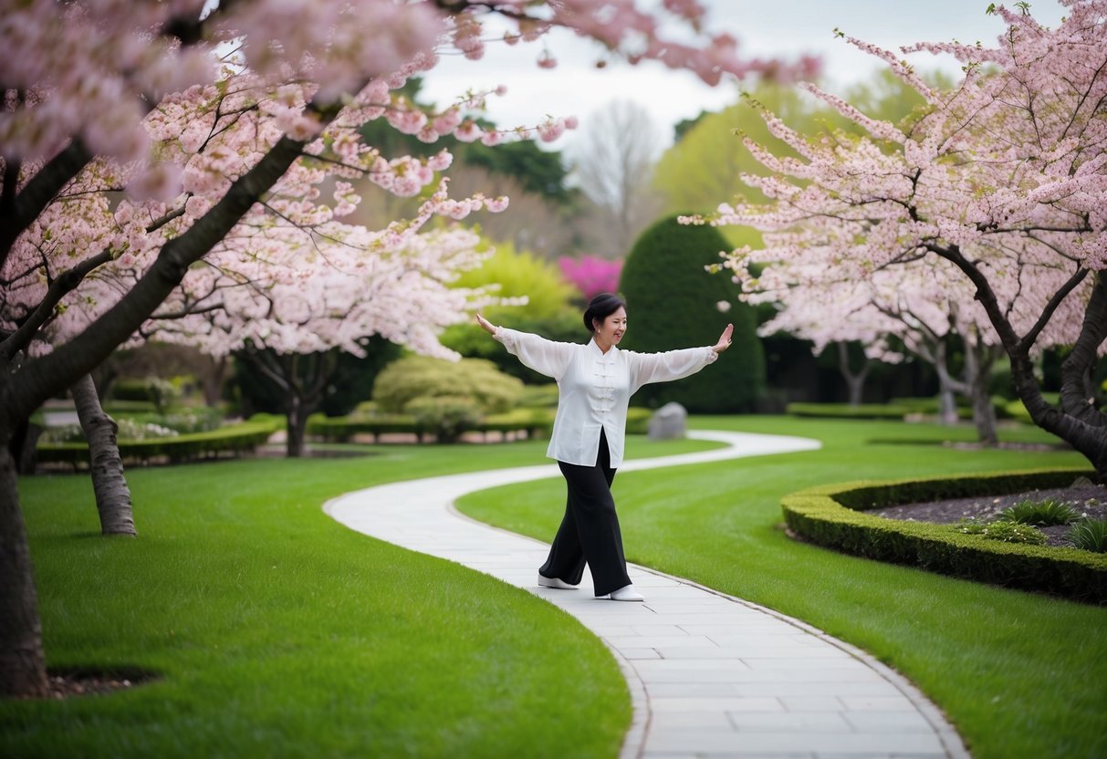 A serene garden with a winding path and blooming cherry blossom trees, where a figure practices Tai Chi with graceful and deliberate movements, surrounded by a sense of calm and focus