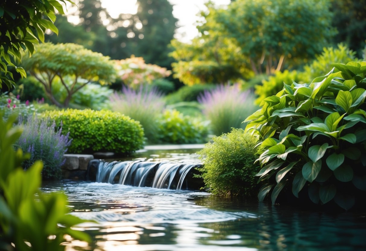 A serene garden with flowing water, lush greenery, and a sense of calm and balance