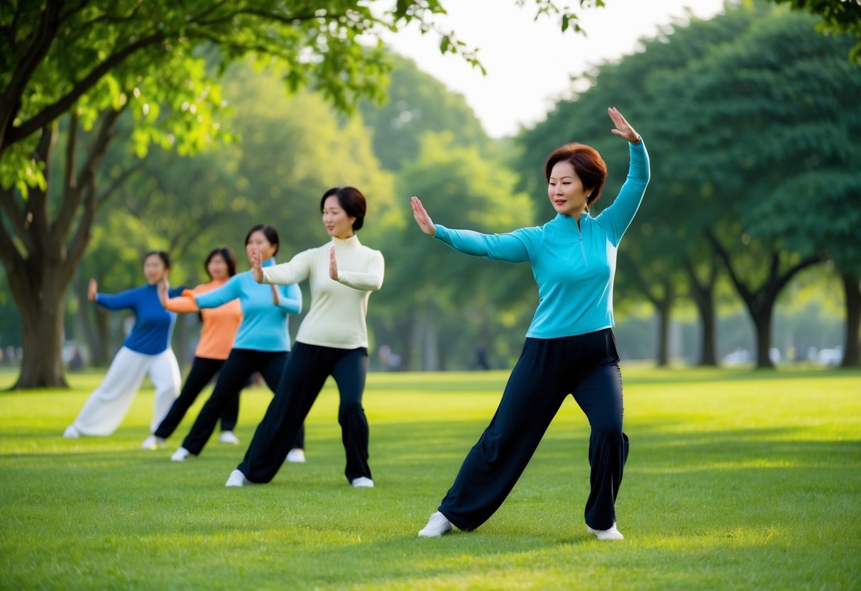 A serene park setting with a group of people practicing Tai Chi, surrounded by nature and a sense of calm