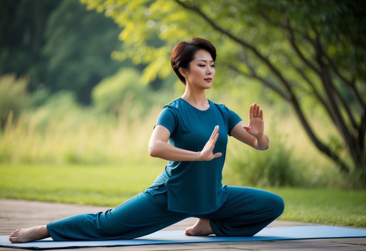 A serene outdoor setting with a figure performing Tai Chi movements, surrounded by nature and focusing on deep, deliberate breathing