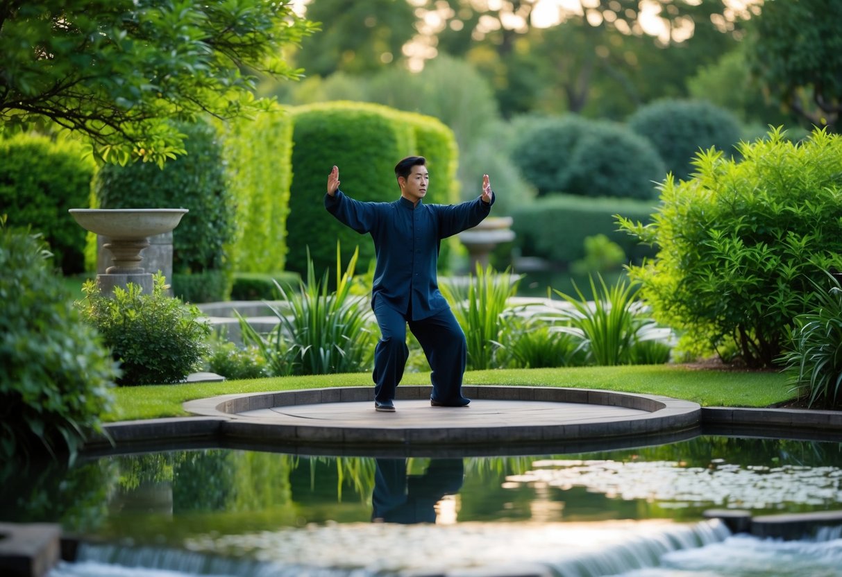 A serene garden with a figure performing Tai Chi, surrounded by lush greenery and calm, flowing water