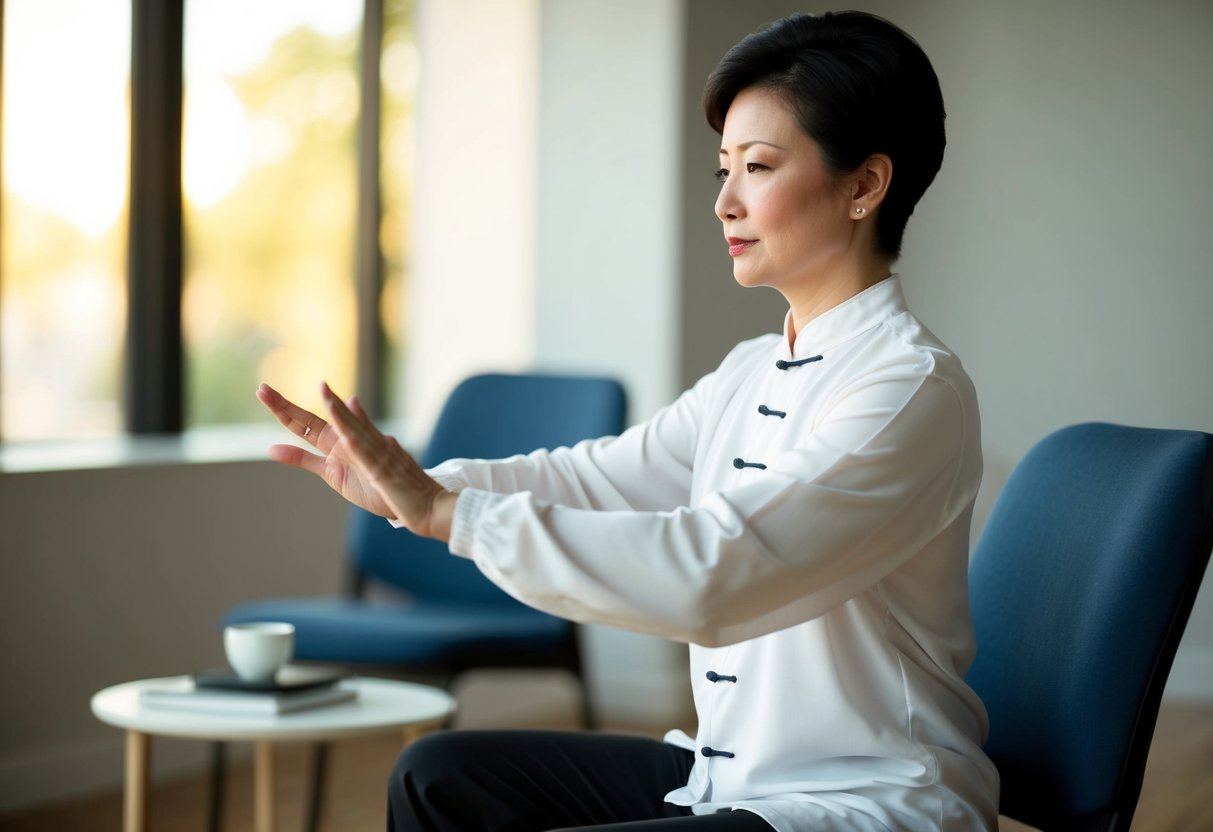 A person sits in a chair, performing gentle, flowing movements of Tai Chi with focused concentration and relaxed breathing. The atmosphere is calm and peaceful