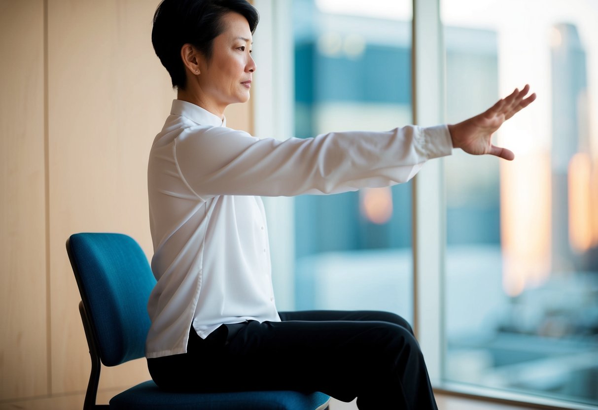 A person sitting in a chair, performing Tai Chi movements with fluid and controlled motions, focusing on breathing and balance