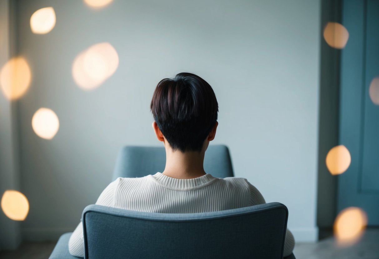 A person sits in a chair, facing forward with hands resting on the knees. The room is calm, with soft lighting and a peaceful atmosphere