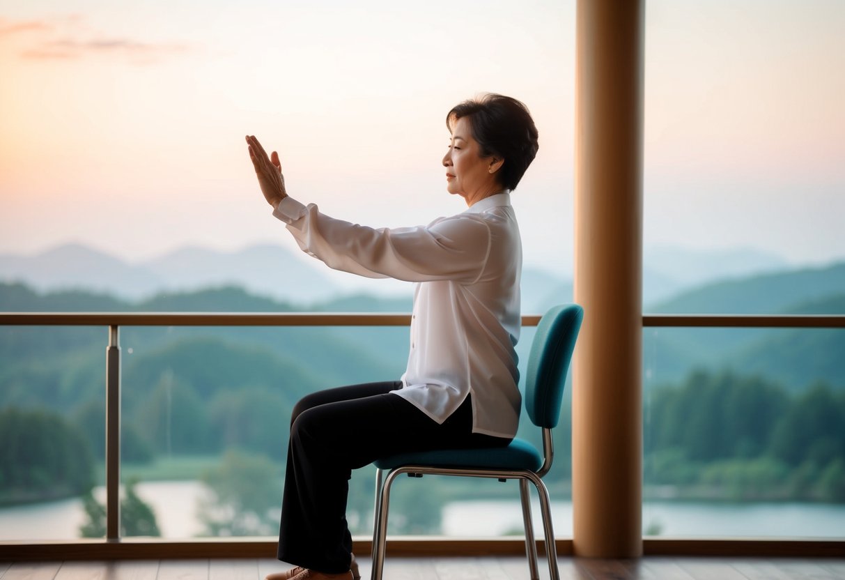 A person sits in a chair, practicing Tai Chi movements with fluid and graceful motions, surrounded by a peaceful and serene environment