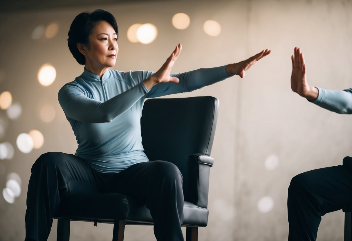 A person seated in a chair, performing Tai Chi movements with fluid and graceful motions. The focus is on the flowing and deliberate gestures of the upper body