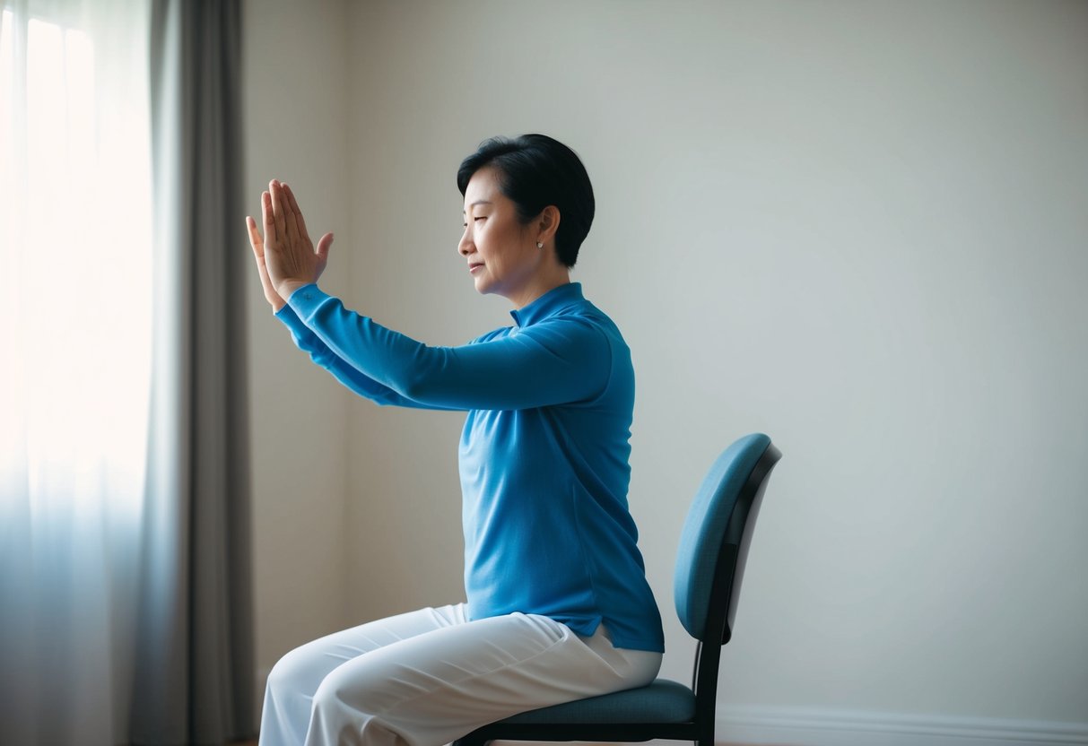 A person in a chair performs Tai Chi movements, focusing on specific conditions. The room is calm and peaceful, with soft lighting and minimal distractions