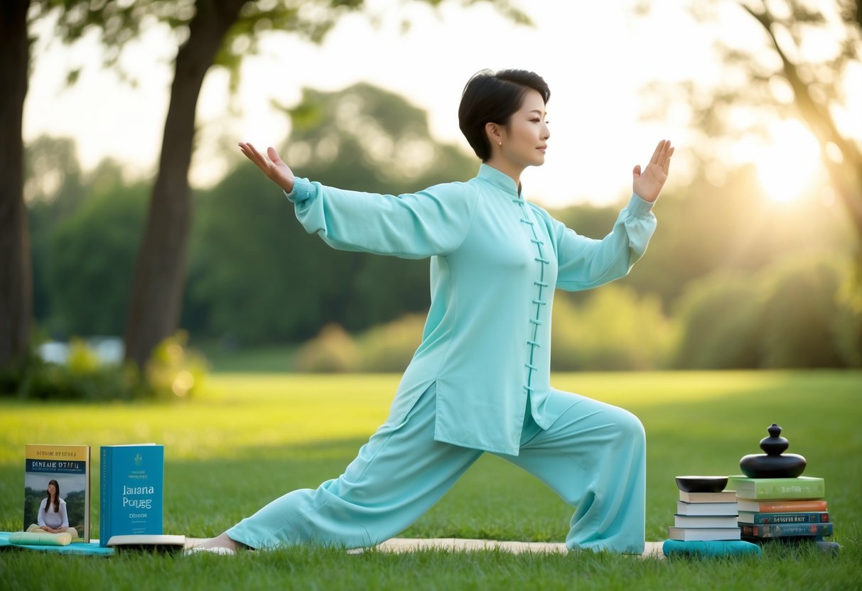 A serene outdoor setting with a person practicing Tai Chi surrounded by supportive resources like books, videos, and meditation aids