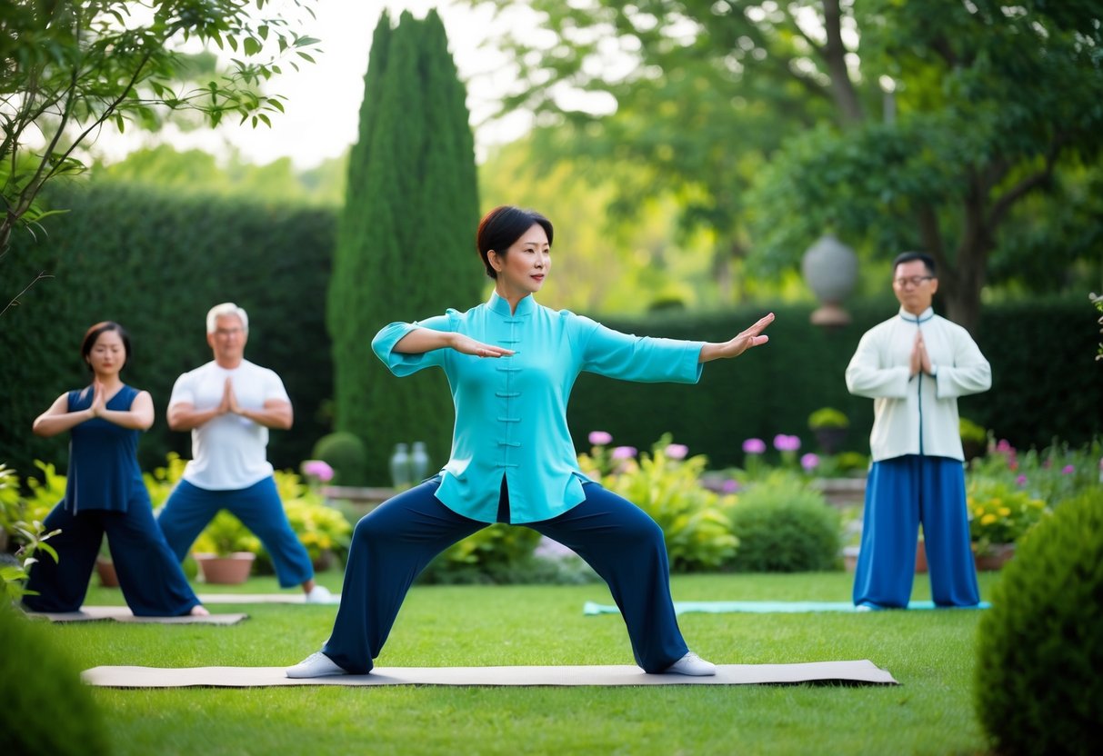 A serene garden setting with a person practicing Tai Chi surrounded by complementary activities such as meditation, qigong, and stretching exercises