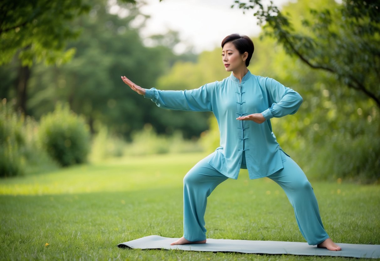 A serene outdoor setting with a person practicing Tai Chi, surrounded by nature and a sense of tranquility