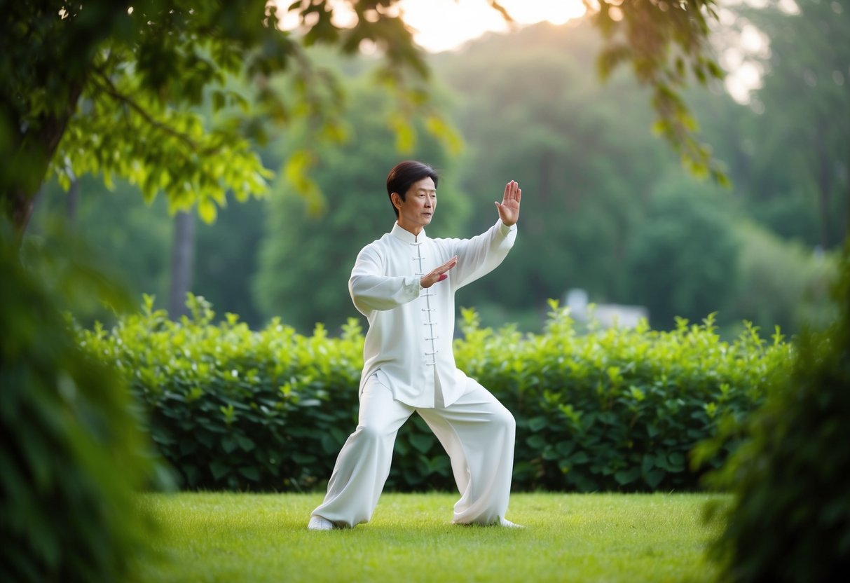 A serene outdoor setting with a figure engaged in Tai Chi, surrounded by lush greenery and a sense of calm determination