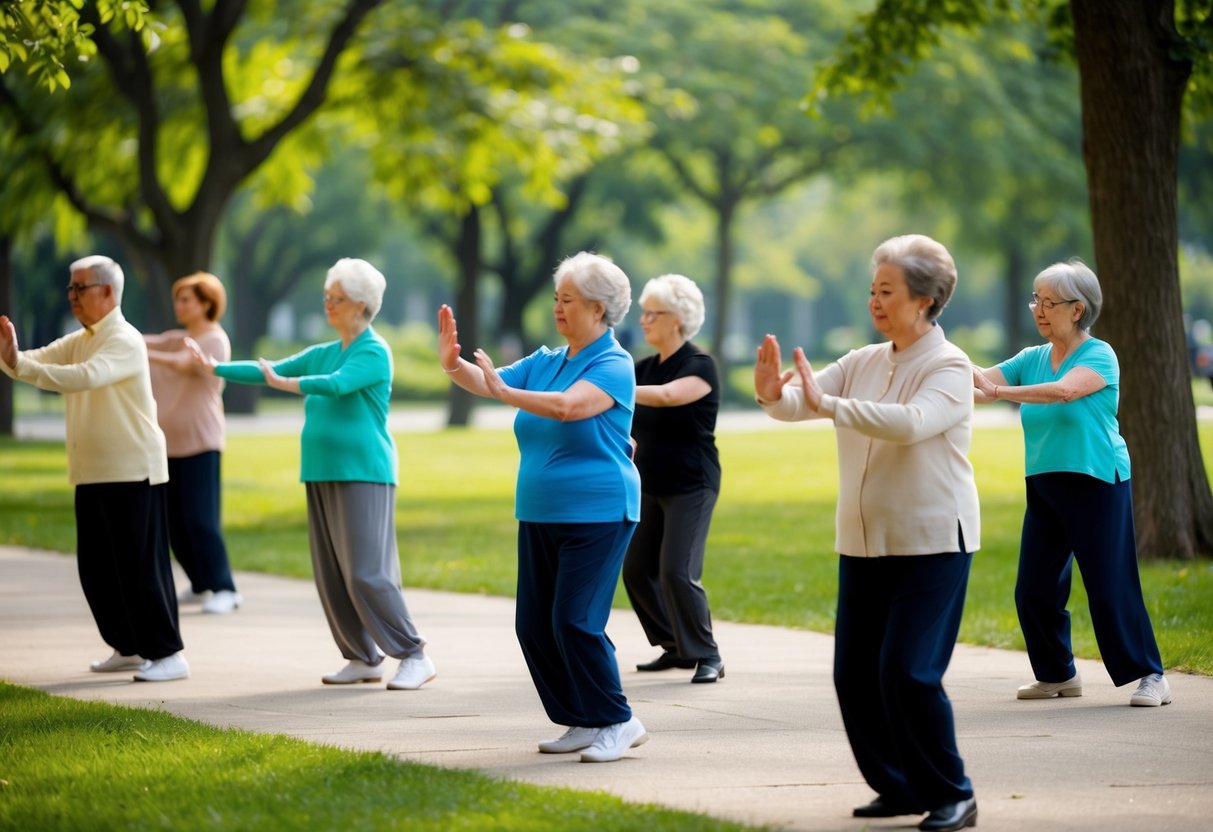 A group of seniors practicing Tai Chi in a peaceful park setting, surrounded by trees and nature, with a sense of calm and community