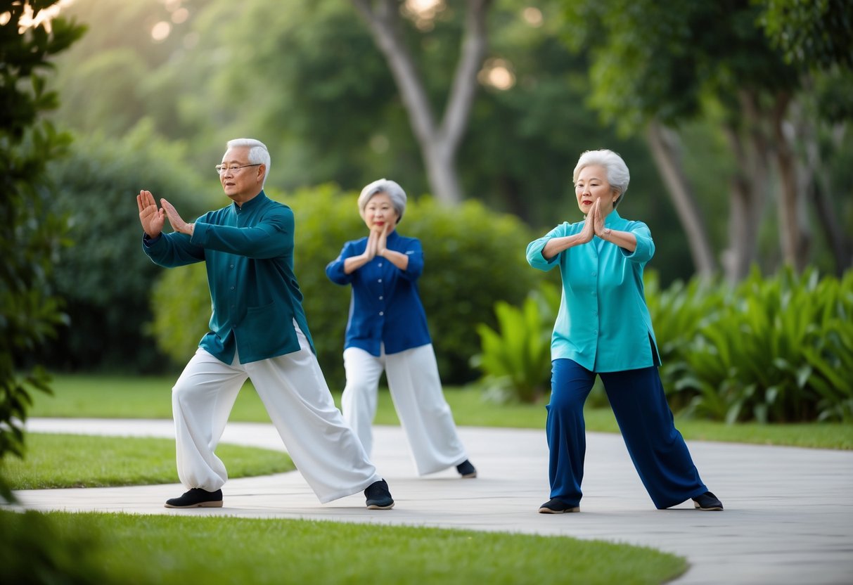 Elderly individuals practicing Tai Chi in a serene outdoor setting, surrounded by lush greenery and calm, tranquil surroundings