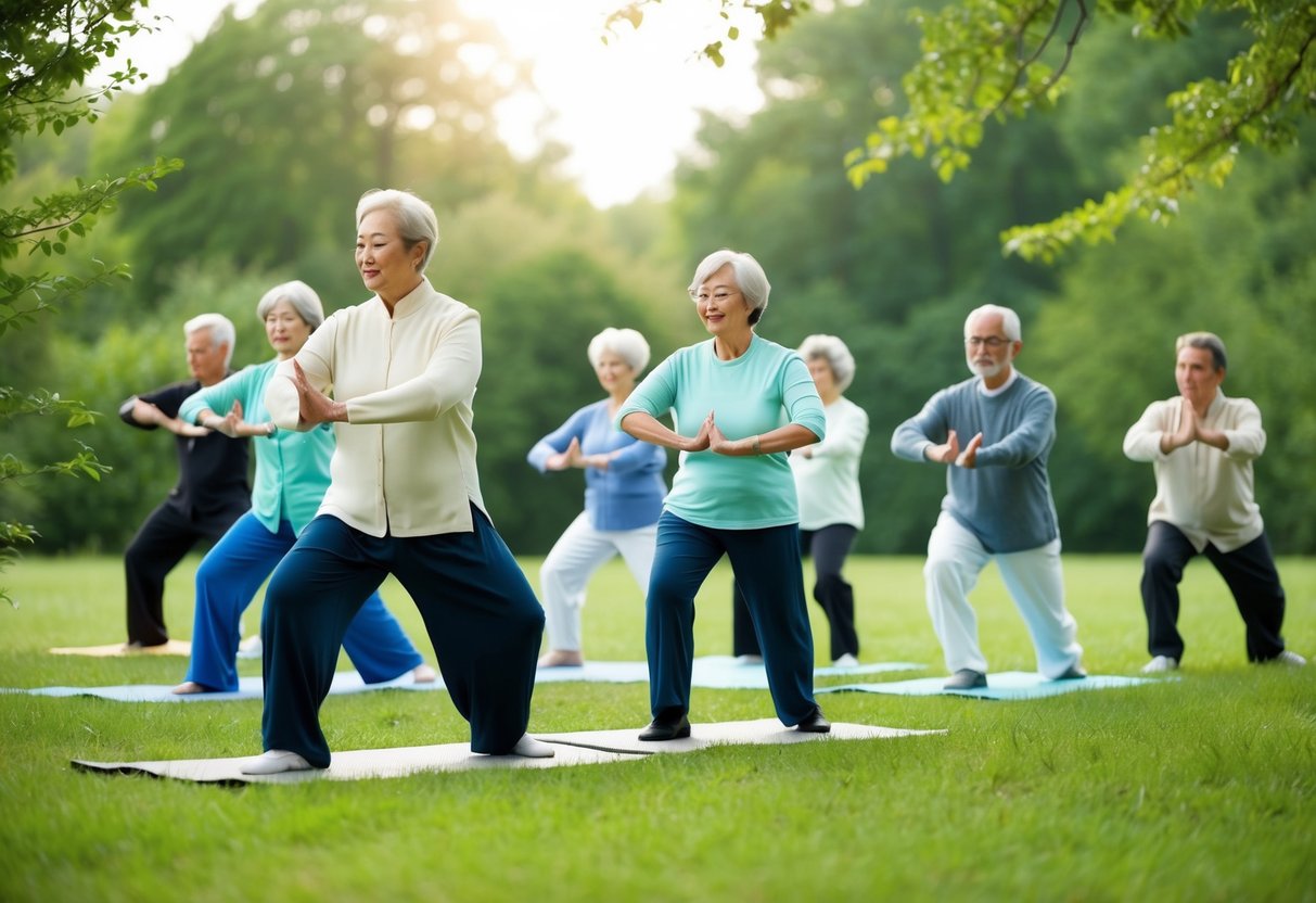 A serene outdoor setting with a group of seniors practicing Tai Chi, surrounded by nature and feeling a sense of health and well-being