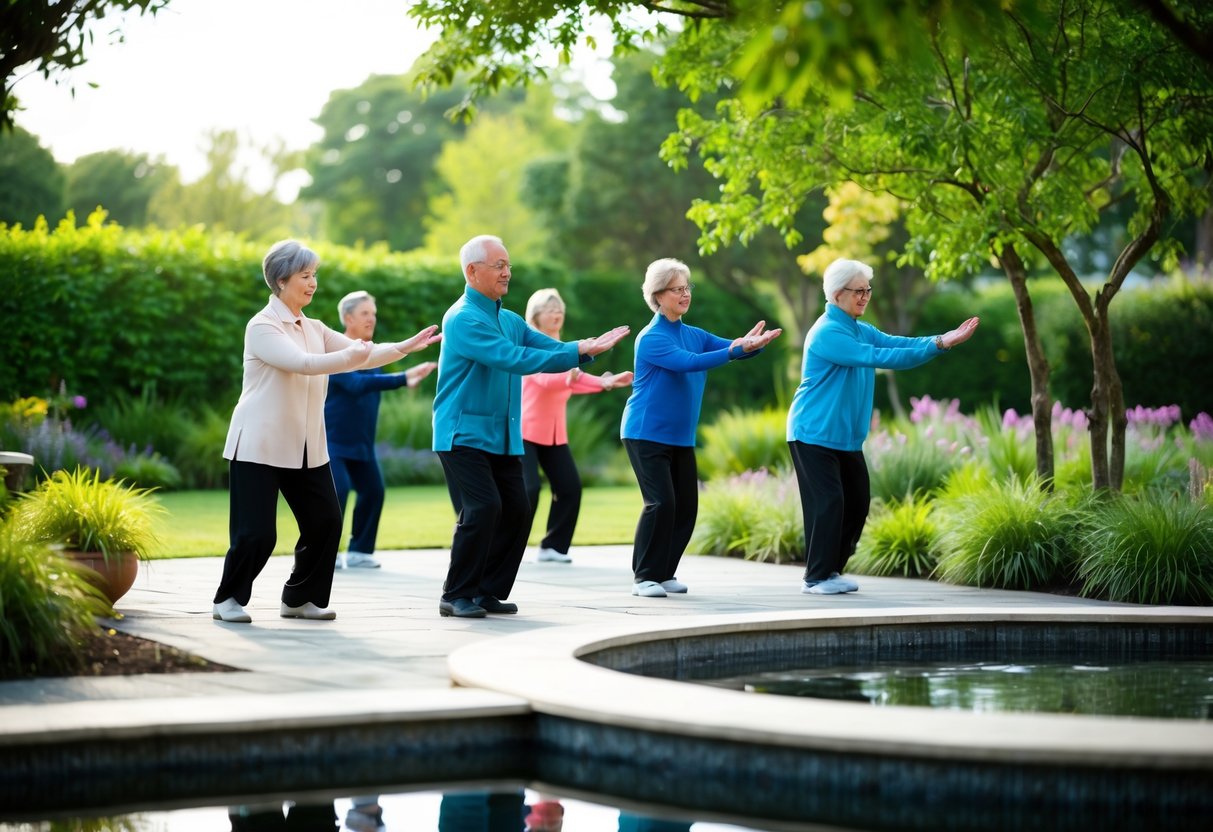 A group of seniors practicing Tai Chi in a peaceful garden setting, surrounded by lush greenery and tranquil water features