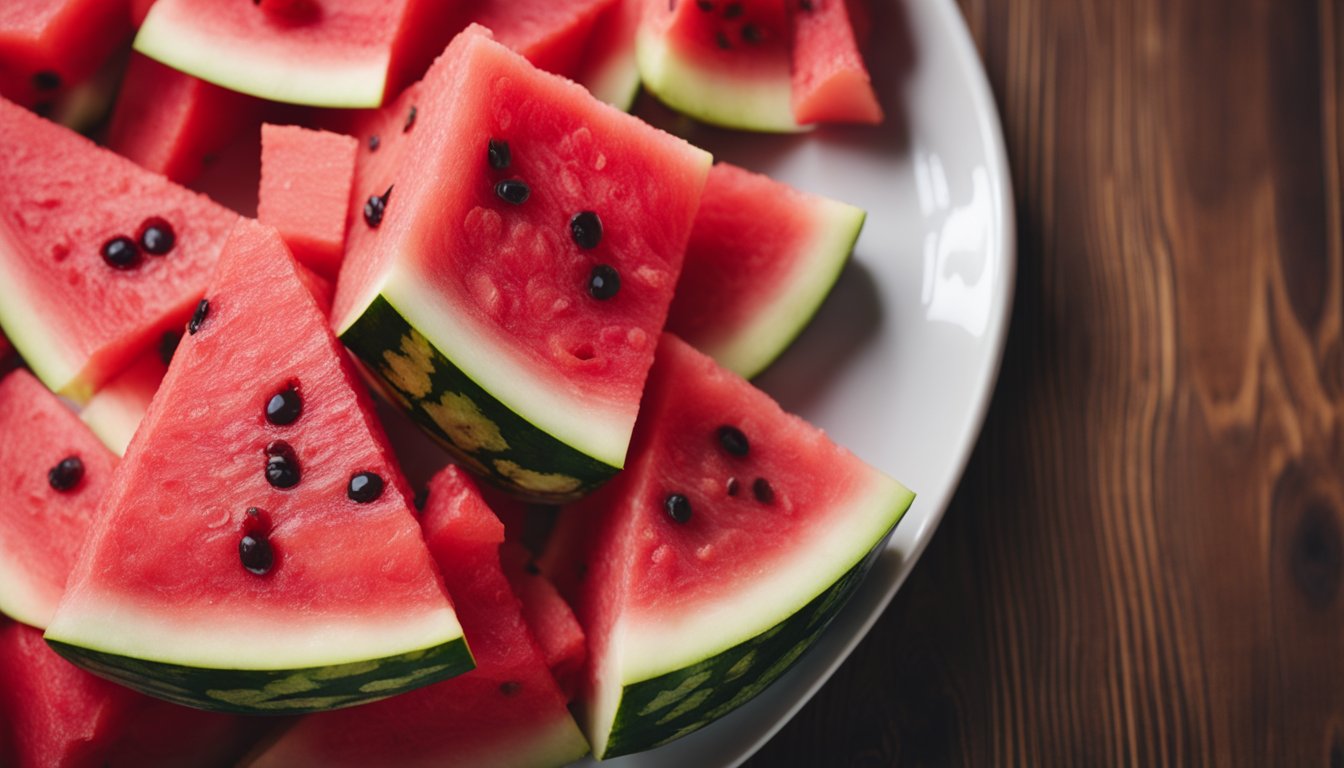 Juicy watermelon slices glisten on a plate, evoking refreshment and hydration