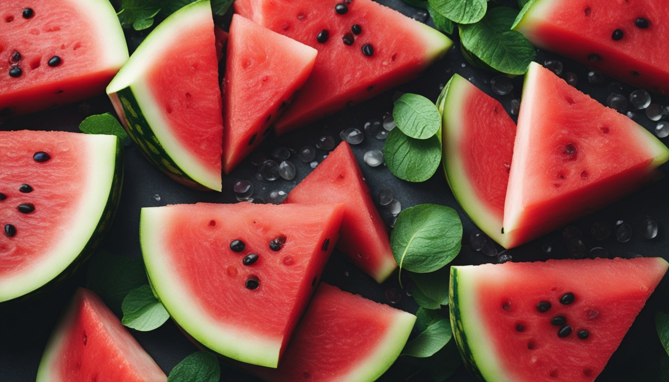 Juicy watermelon slices glisten on a plate, evoking refreshment and hydration