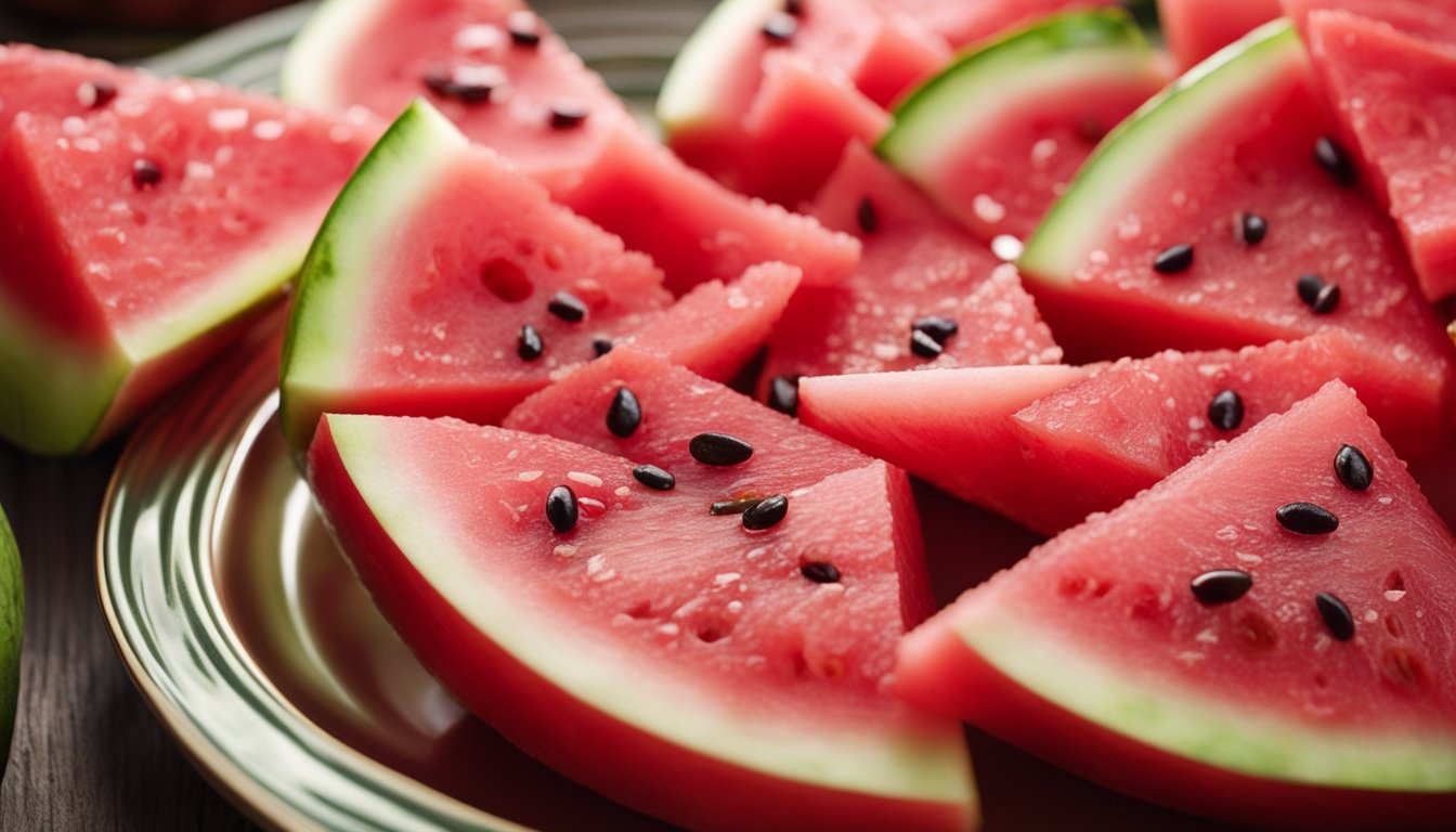 Juicy watermelon slices glisten on a plate, evoking refreshment and hydration