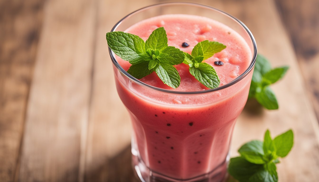 A vibrant watermelon smoothie in a glass with fresh chunks and mint leaves, highlighting its nutritional benefits