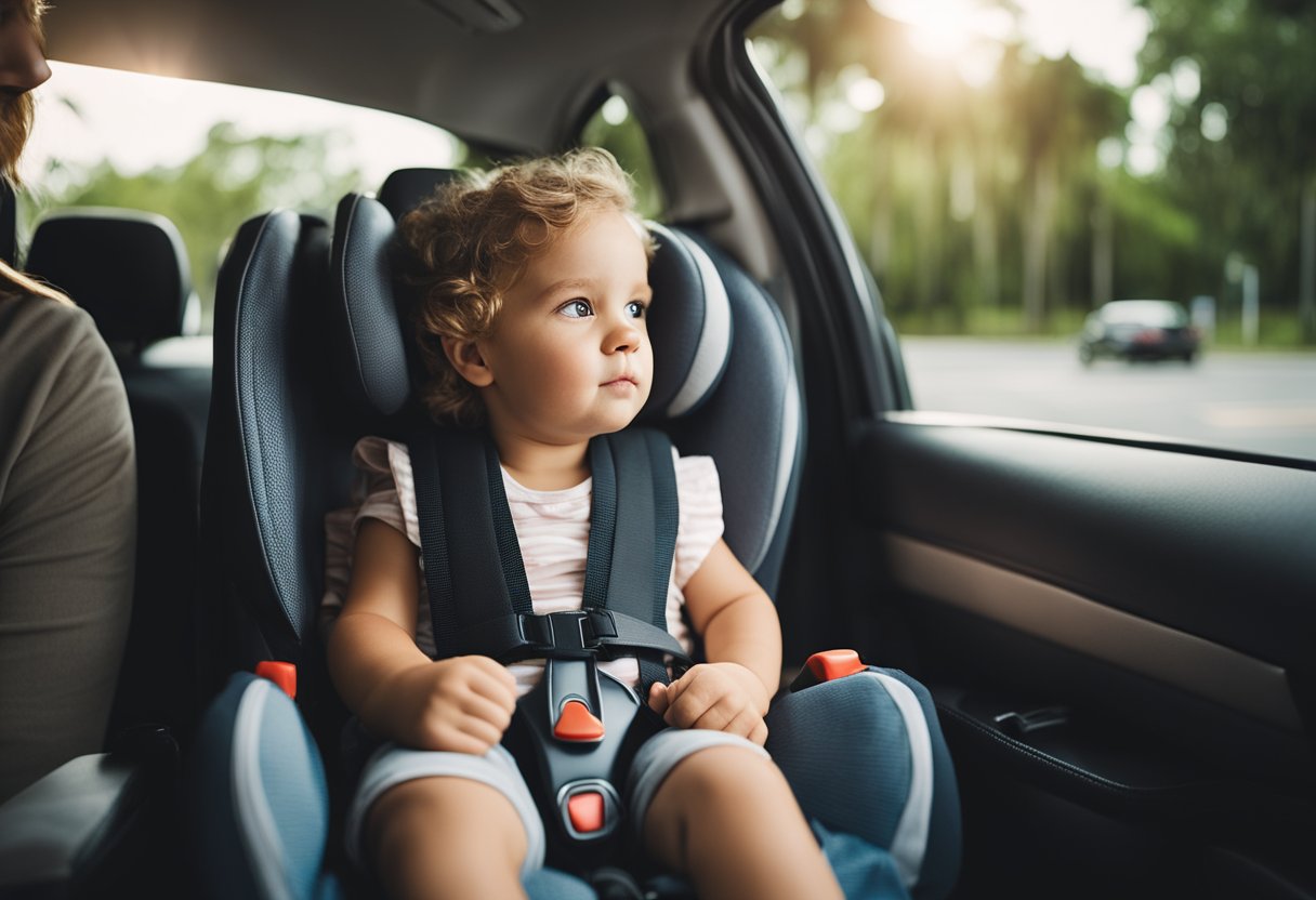 Uma criança sentada em um assento de carro, devidamente presa com um cinto de segurança, enquanto o carro está parado em um semáforo na Flórida.