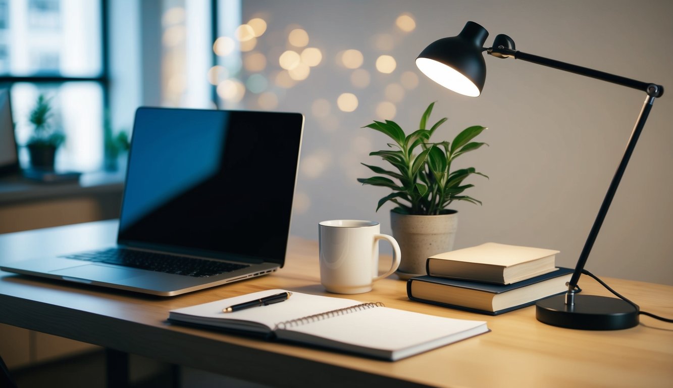 A desk with a laptop, potted plant, and stack of books. A mug and pen holder sit beside a notepad and a sleek, modern lamp illuminates the space