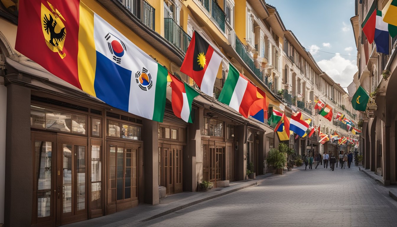 Bandeiras de Angola, Coreia do Sul, M&eacute;xico, Reino Unido e R&uacute;ssia tremulando em frente &agrave;s portas de um mercado aberto com uma bandeira do Brasil