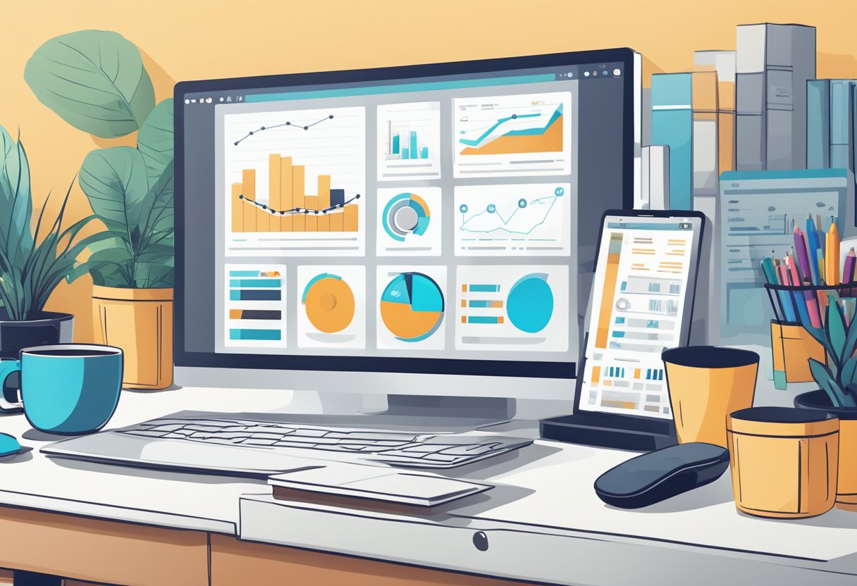 A computer with multiple screens displaying data and analytics related to Amazon FBA, surrounded by office supplies and a cup of coffee