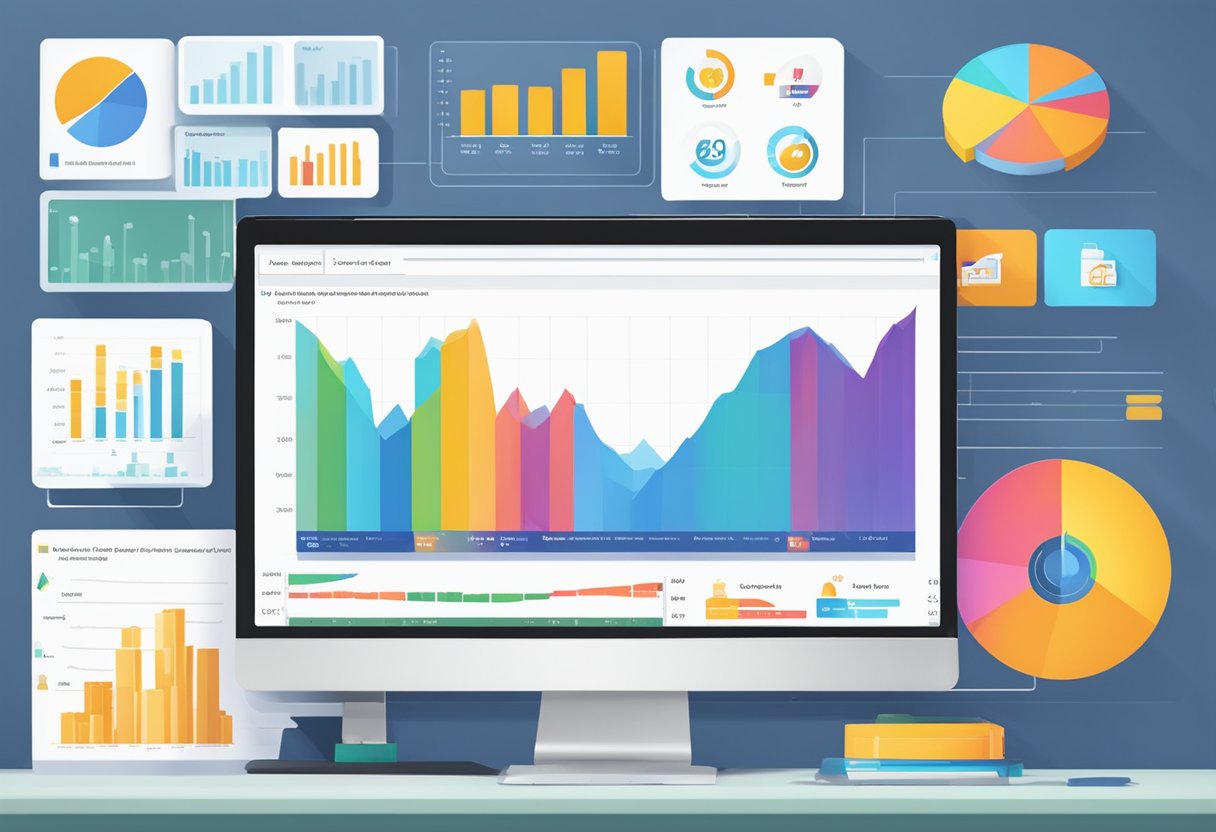 A computer screen displaying the Sellics logo and various data charts related to Amazon FBA sales and performance metrics