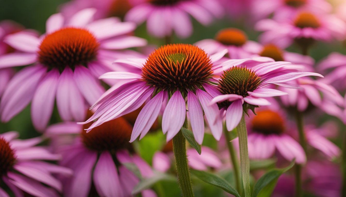 A cup of echinacea tea sits among vibrant echinacea flowers, radiating immune-boosting properties