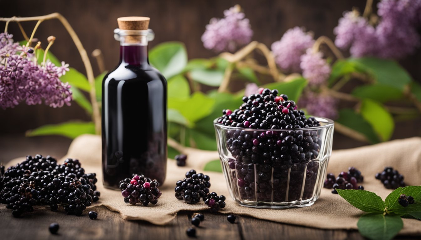 Fresh elderberries and a bottle of syrup, highlighted for their immune-boosting properties