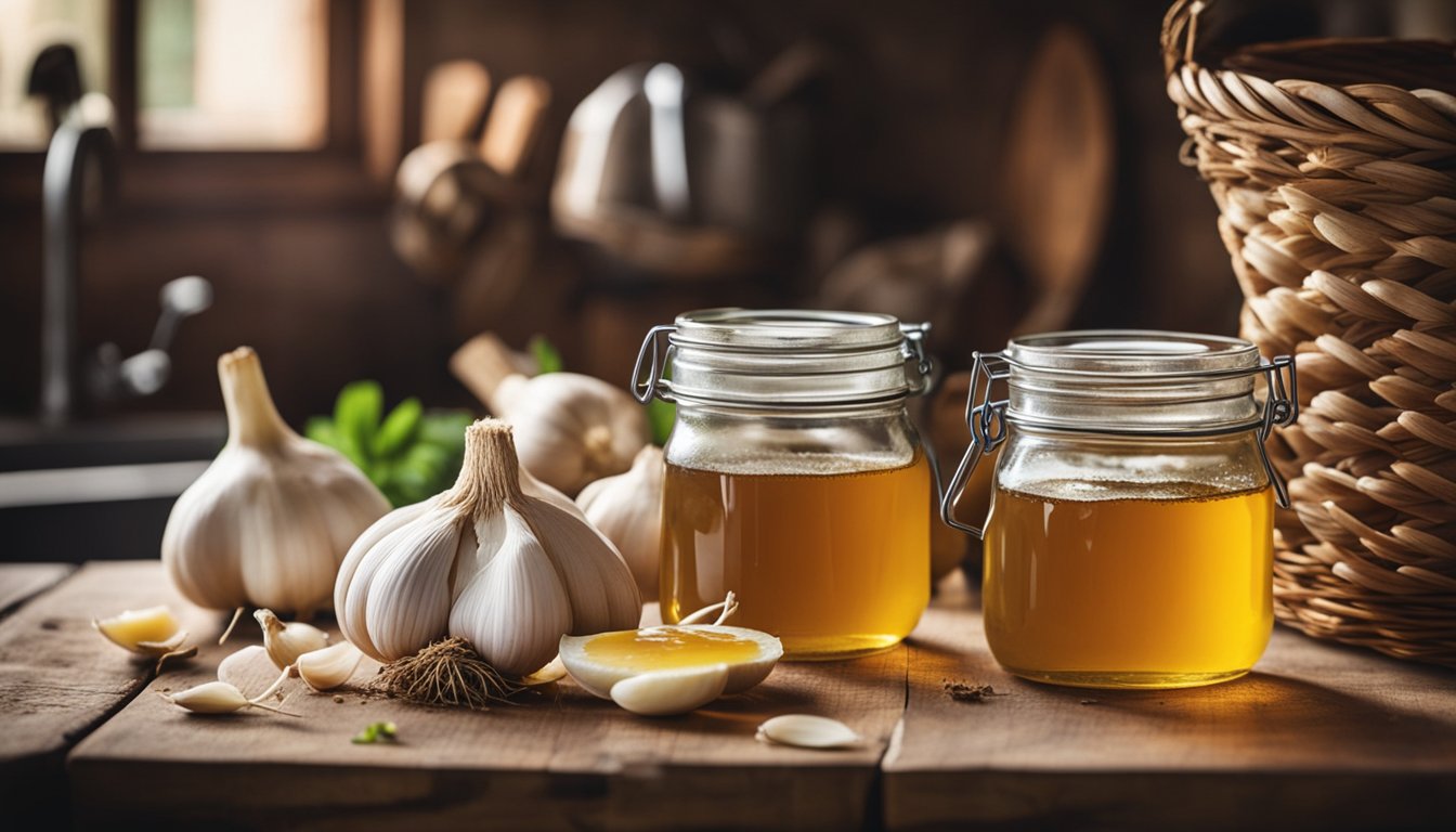 A rustic kitchen with fresh garlic and a jar of honey, highlighting their immune-boosting properties