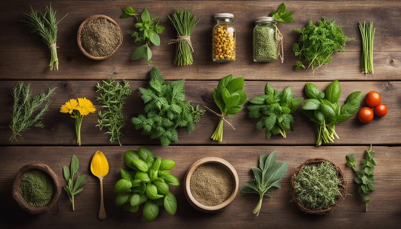 An assortment of vibrant herbs on a rustic wooden table, ready to be used