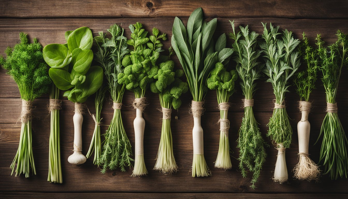 An array of vibrant herbs sits on a rustic wooden table, ready for use