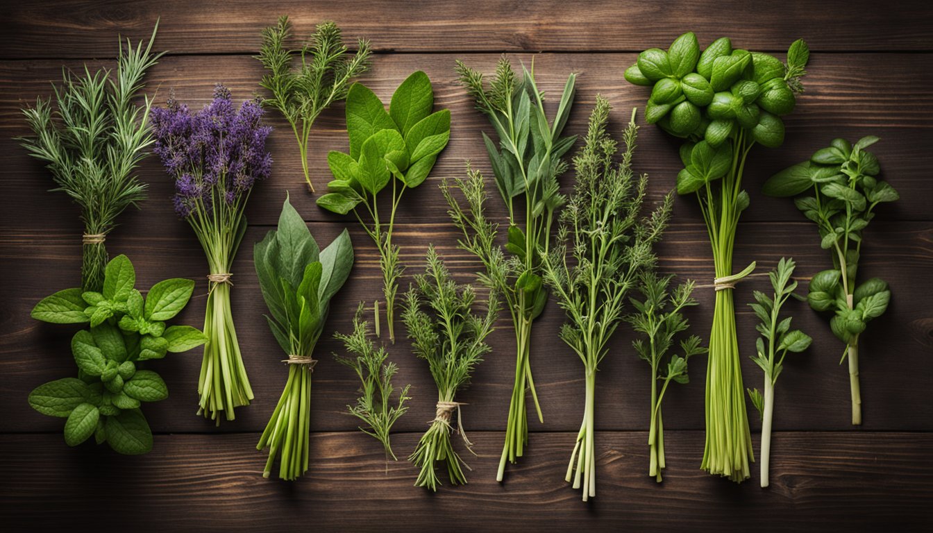 A variety of vibrant herbs laid out on a rustic wooden table, ready to be used