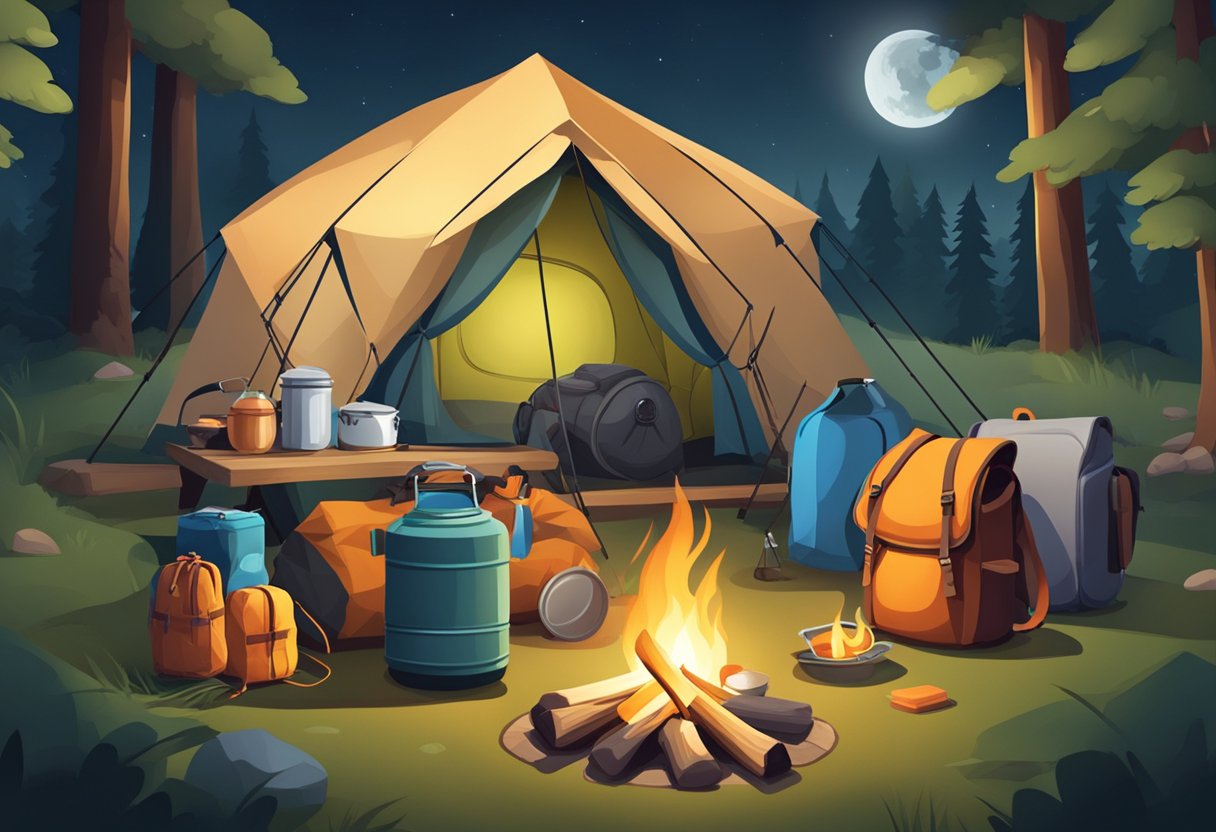 A camping scene with a tent, sleeping bags, backpacks, a campfire, cooking utensils, a lantern, and a cooler