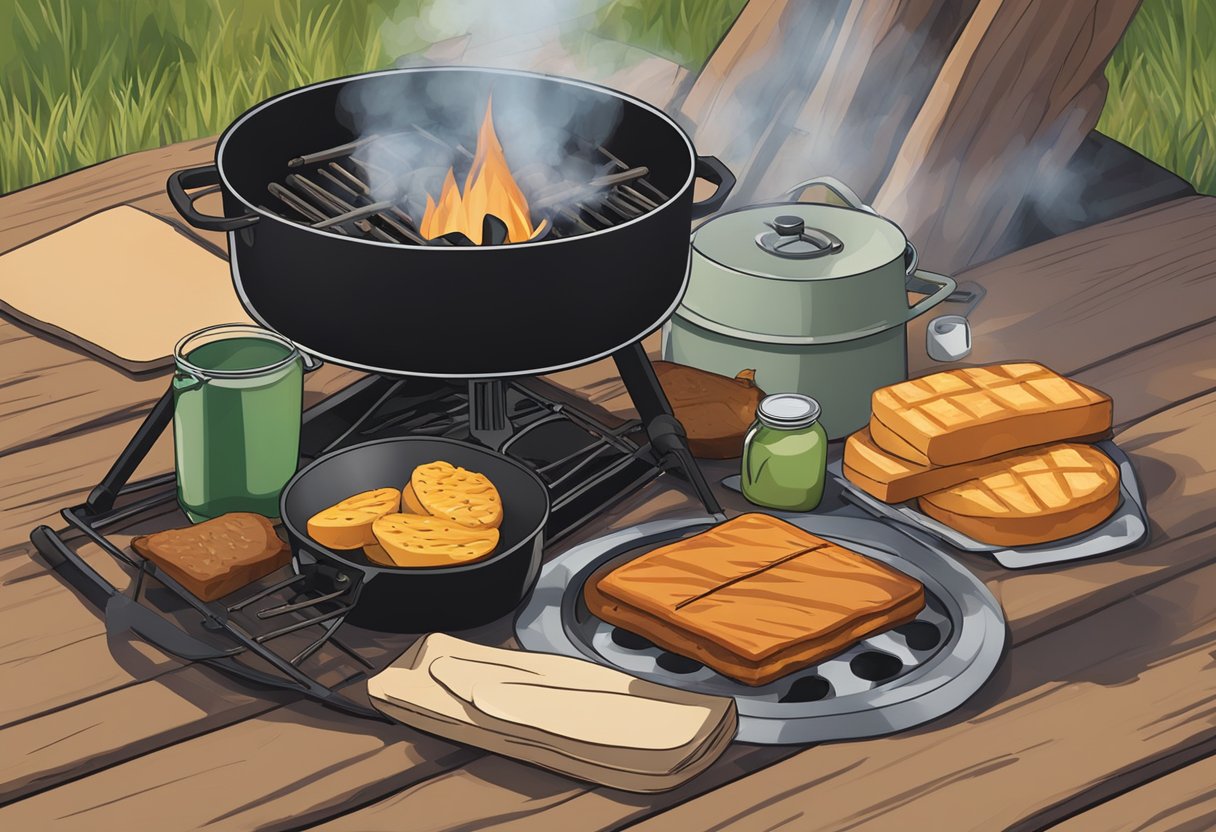 A campfire surrounded by a cast-iron skillet, portable stove, cooler, cutting board, and utensils laid out on a picnic table