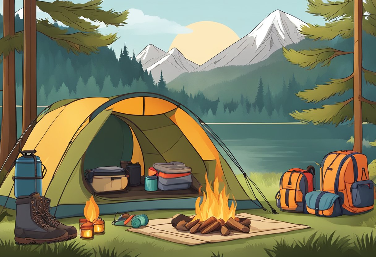 A camping scene with a tent, sleeping bags, backpack, hiking boots, lantern, cooking supplies, and a campfire